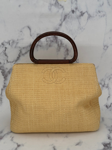 Rare Chanel Straw Bag with Wooden Handles