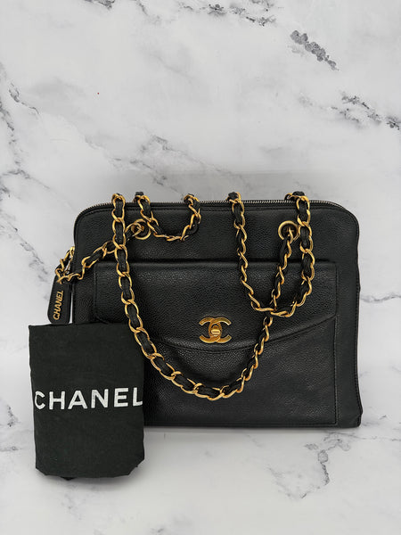 Chanel Caviar Turnlock Tote with Chains